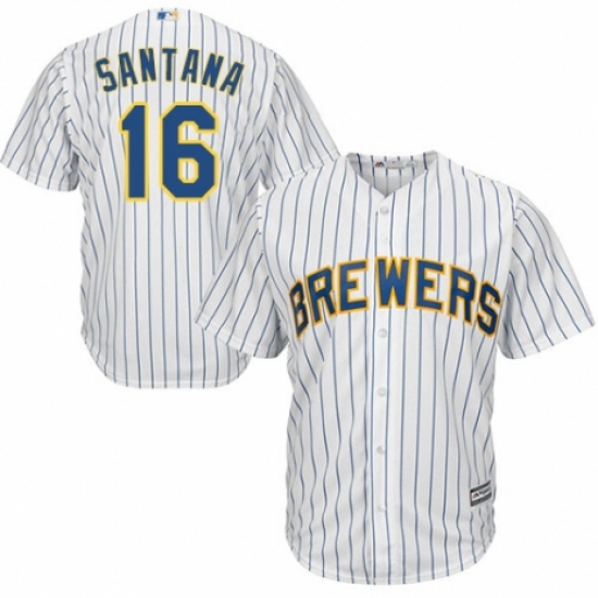 Youth Majestic Milwaukee Brewers #16 Domingo Santana Replica White Home Cool Base MLB Jersey - Ujersey