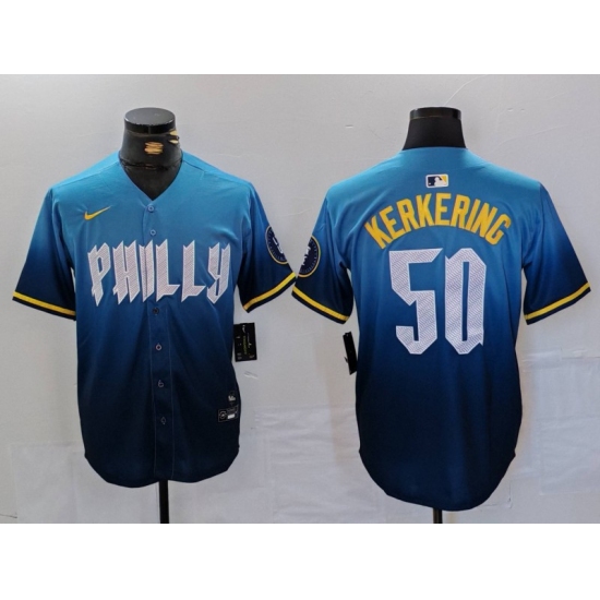 Men's Philadelphia Phillies #50 Orion Kerkering Blue 2024 City Connect Limited Stitched Jersey - Ujersey