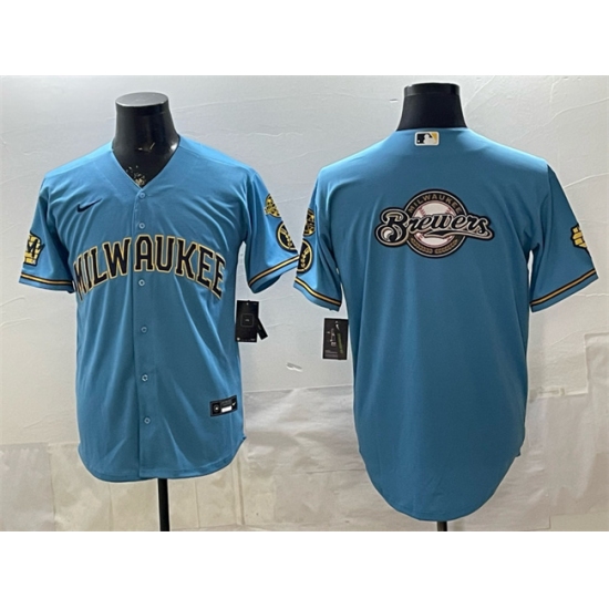 Men's Milwaukee Brewers Team Big Logo Blue With Home & Bob Uecker Stitched Baseball Jersey - Ujersey