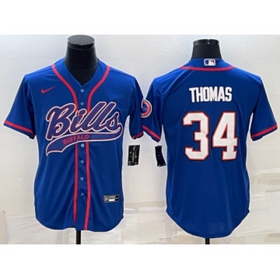 Men's Buffalo Bills #34 Thurman Thomas Blue With Patch Cool Base Stitched Baseball Jersey - Ujersey