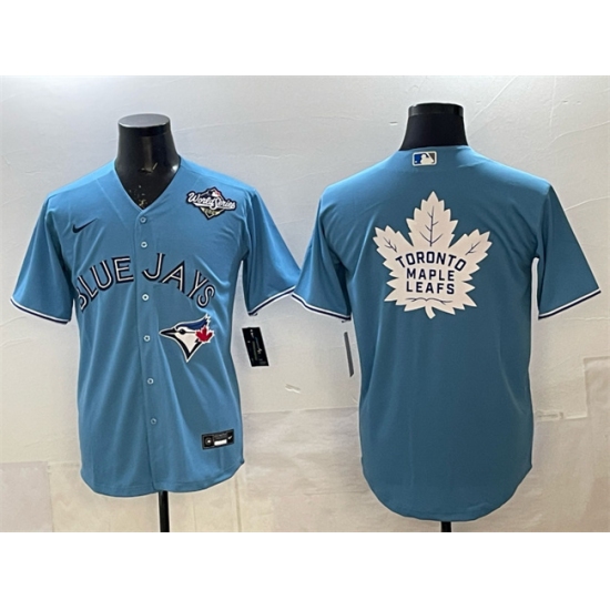 Men's Toronto Blue Jays & Leafs Blue 2025 World Series With White Leafs Logo Cool Base Stitched Baseball Jersey