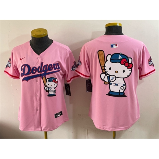 Women's Los Angeles Dodgers Team Big Logo Pink Hello Kitty Night 2025 World Series Champions Stitched Baseball Jersey(Run Small) - Ujersey