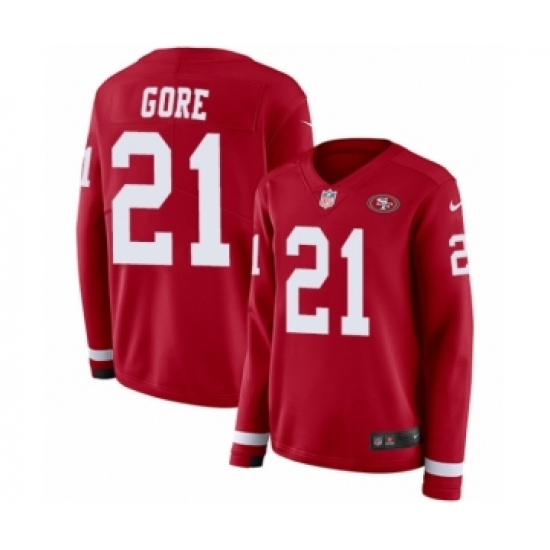 Women's Nike San Francisco 49ers #21 Frank Gore Limited Red Therma Long Sleeve NFL Jersey - Ujersey