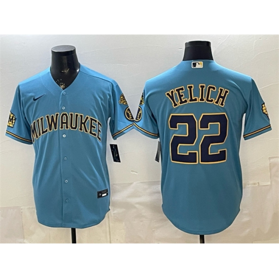 Men's Milwaukee Brewers #22 Christian Yelich Blue With Home & Bob Uecker Stitched Baseball Jersey