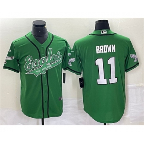 Men's Nike Philadelphia Eagles #11 A. J. Brown Green Cool Base Baseball Stitched Jersey - Ujersey