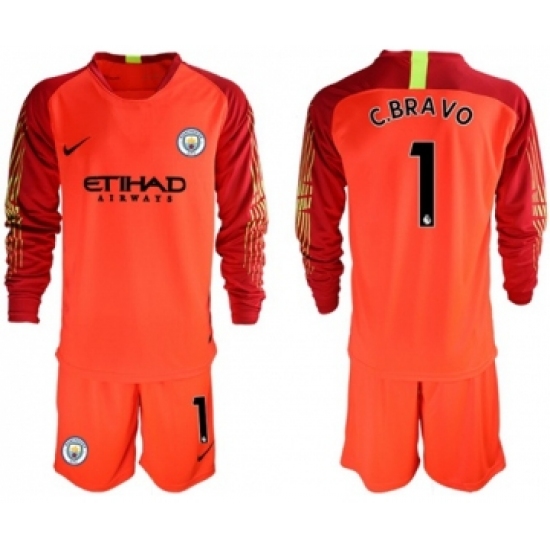 Manchester City #1 C.Bravo Red Goalkeeper Long Sleeves Soccer Club Jersey