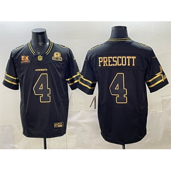 Men's Dallas Cowboys #4 Dak Prescott Black Gold 2025 F.U.S.E. With 5x Super Bowl Champions & Established In 1960 Vapor Limited Stitched Football Jersey - ujerseystore