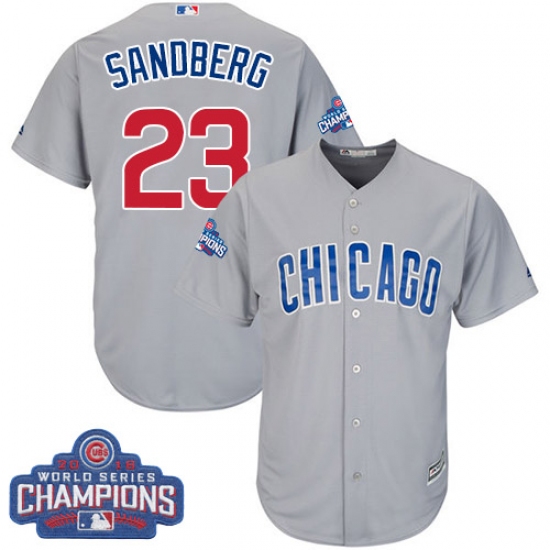 Youth Majestic Chicago Cubs #23 Ryne Sandberg Authentic Grey Road 2016 World Series Champions Cool Base MLB Jersey