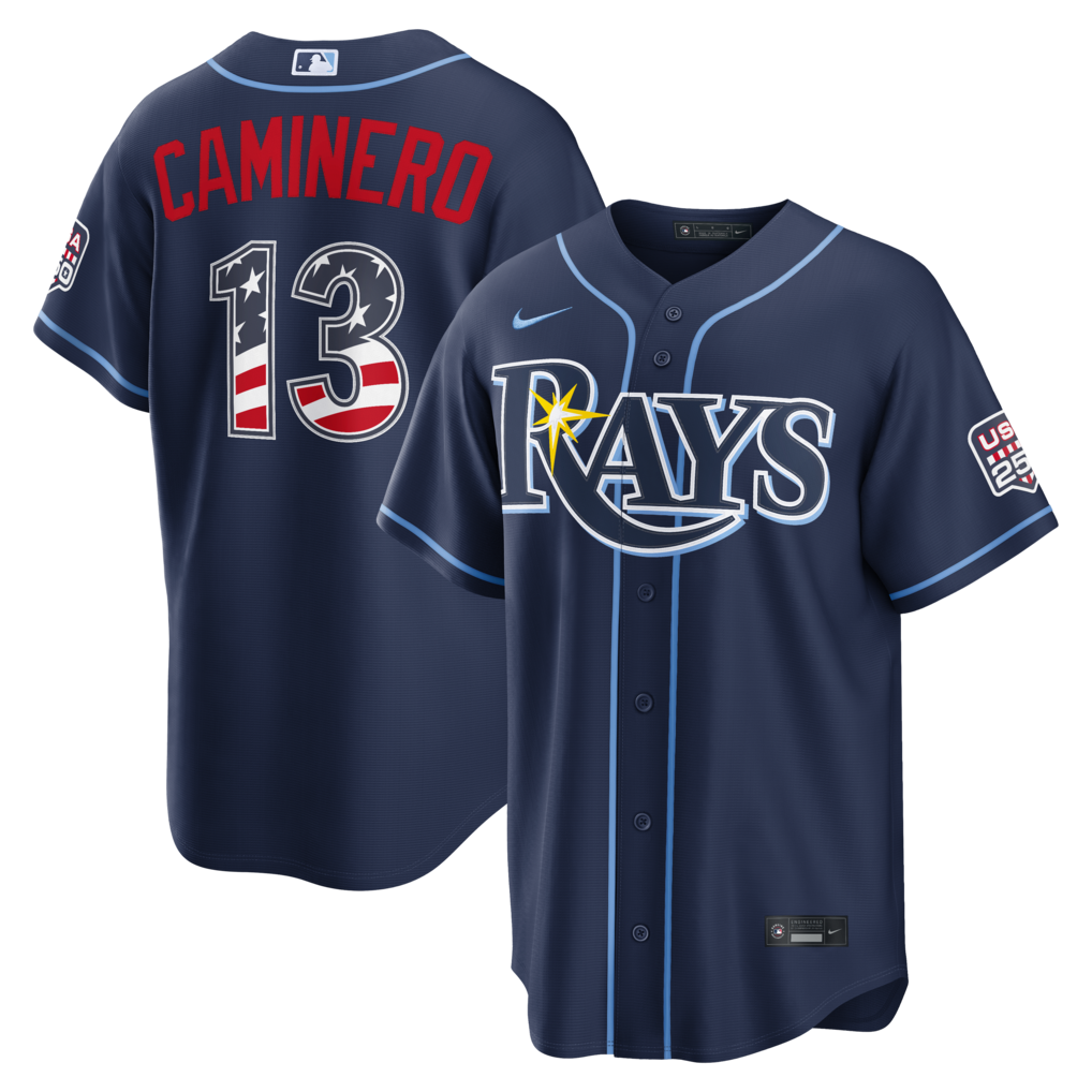 Men's Tampa Bay Rays Junior Caminero Nike Navy USA 250 Fourth of July Road Stadium Jersey - Ujersey