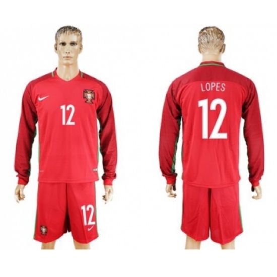 Portugal #12 Lopes Home Long Sleeves Soccer Country Jersey