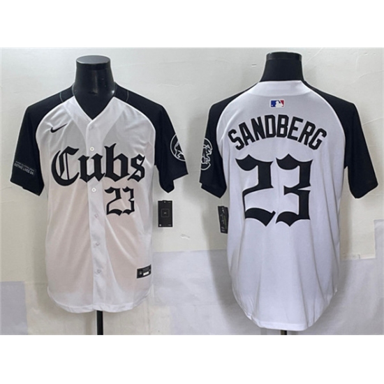 Men's Chicago Cubs #23 Ryne Sandberg White Black 'Gothic North Side Edition' Vapor Premier Limited Stitched Baseball Jersey - Ujersey