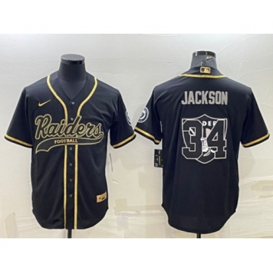 Men's Las Vegas Raiders #34 Bo Jackson Black Gold Team Big Logo With Patch Cool Base Stitched Baseball Jersey - Ujersey