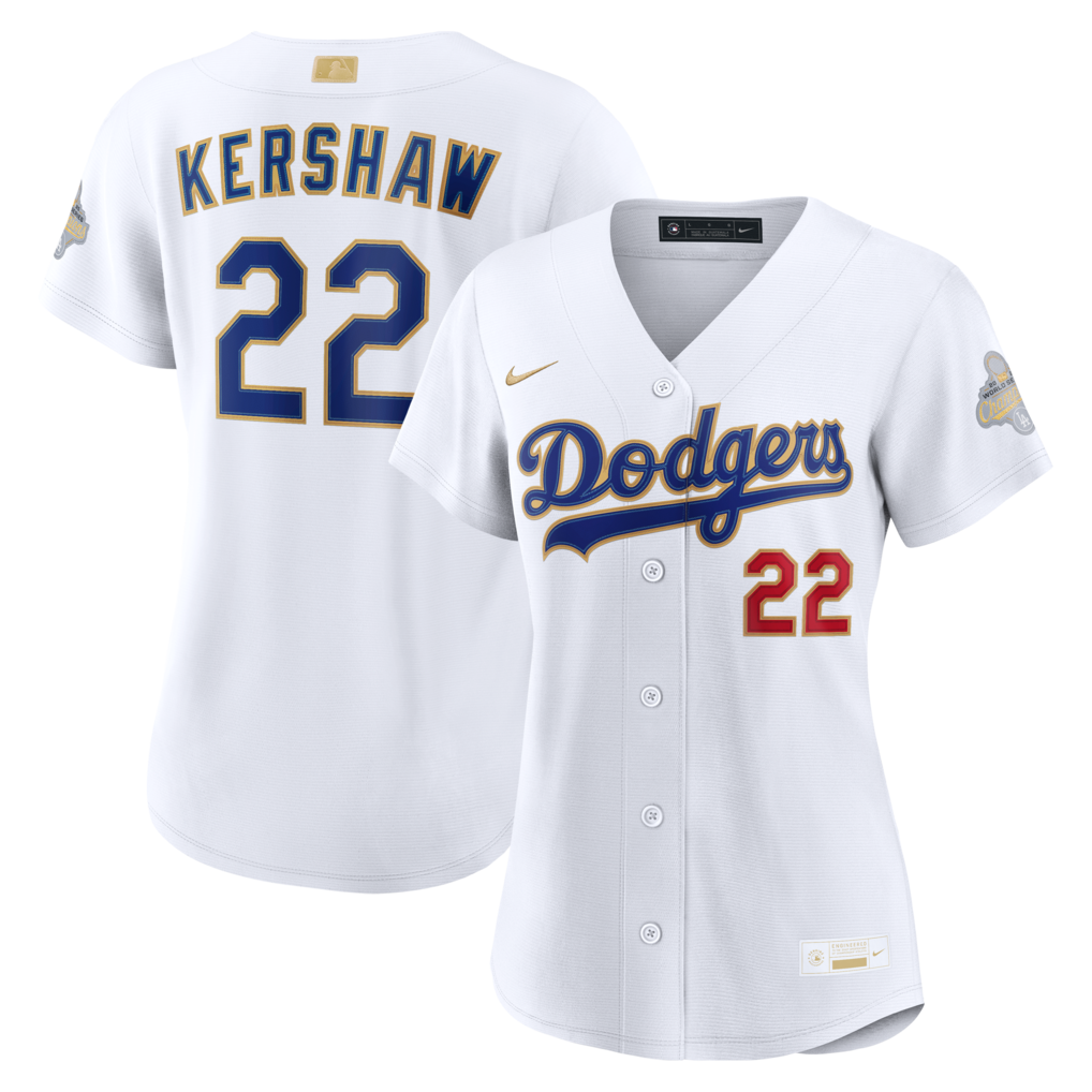 Women's Los Angeles Dodgers Clayton Kershaw Nike White 2026 Gold Collection Stadium Jersey - ujerseystore