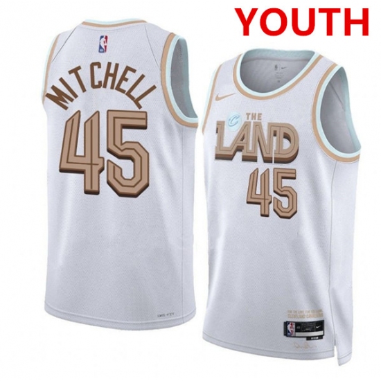 Youth Cleveland Cavaliers #45 Donovan Mitchell White City Edition Stitched Jersey