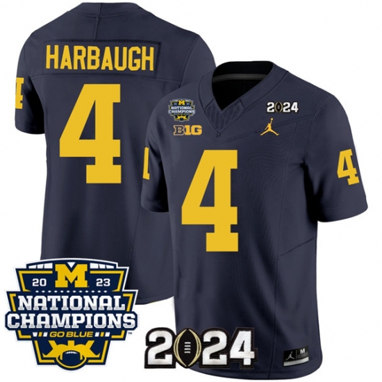 Men's Michigan Wolverines #4 Jim Harbaugh Navy 2024 F.U.S.E. With 2023 National Champions Stitched Jersey - Ujersey