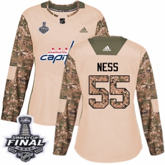 Women's Adidas Washington Capitals #55 Aaron Ness Authentic Camo Veterans Day Practice 2018 Stanley Cup Final NHL Jersey - Ujersey
