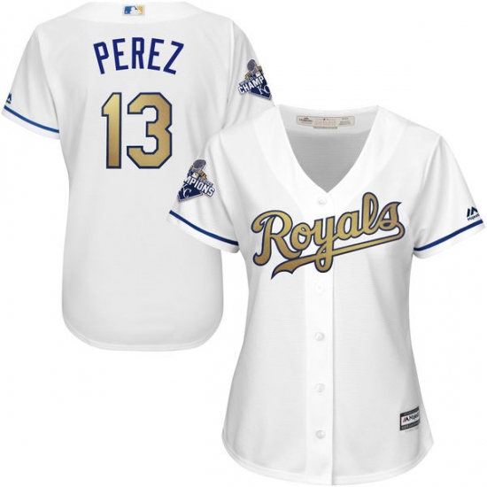 Women's Majestic Kansas City Royals #13 Salvador Perez Authentic White 2015 World Series Champions Gold Program Cool Base MLB Jersey - Ujersey