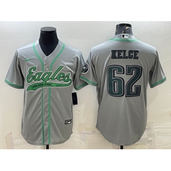 Men's Philadelphia Eagles #62 Jason Kelce Grey With Patch Cool Base Stitched Baseball Jersey - Ujersey