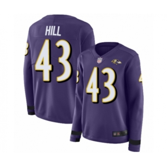 Women's Baltimore Ravens #43 Justice Hill Limited Purple Therma Long Sleeve Football Jersey - Ujersey