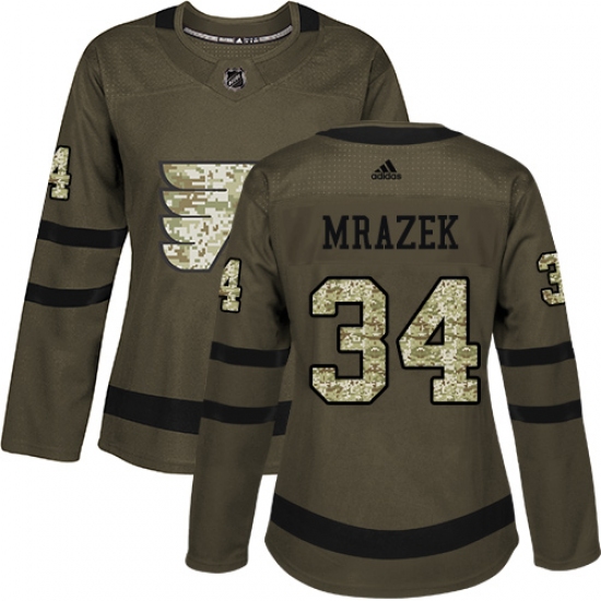 Women's Adidas Philadelphia Flyers #34 Petr Mrazek Authentic Green Salute to Service NHL Jersey - Ujersey