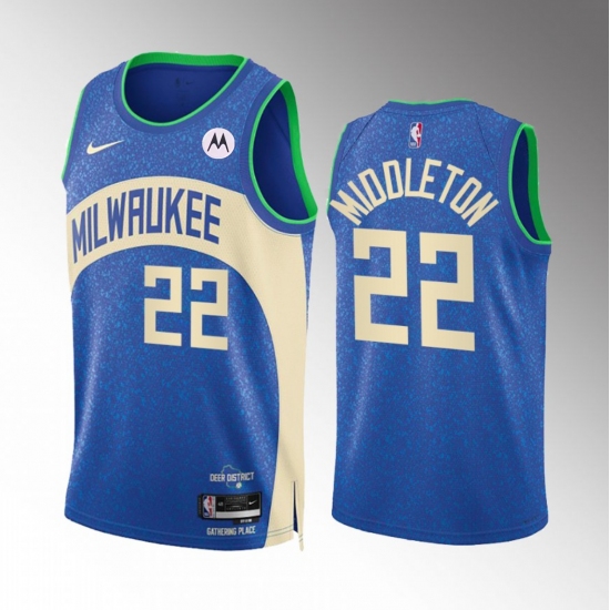 Men's Milwaukee Bucks #22 Khris Middleton Blue 2023-24 City Edition Stitched Basketball Jersey - Ujersey