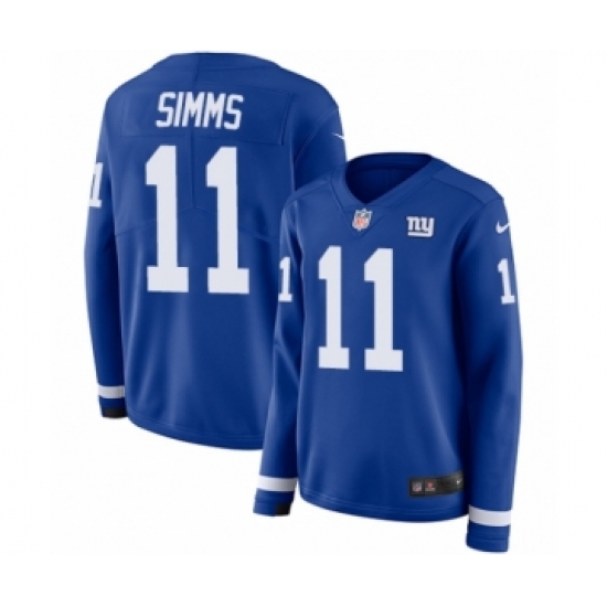 Women's Nike New York Giants #11 Phil Simms Limited Royal Blue Therma Long Sleeve NFL Jersey - Ujersey