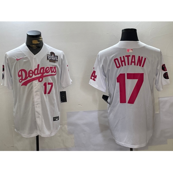 Men's Los Angeles Dodgers #17 Shohei Ohtani Number White Pink 2024 World Series Limited Cool Base Stitched Jersey - Ujersey