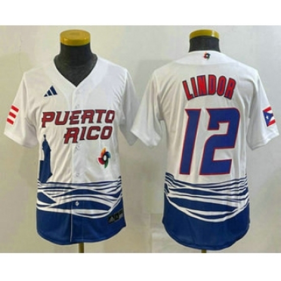 Youth Puerto Rico Baseball #12 Francisco Lindor 2023 White World Baseball Classic Stitched Jersey
