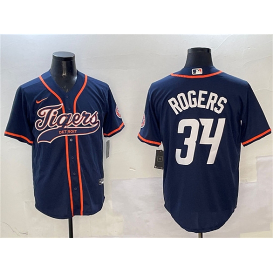 Men's Detroit Tigers #34 Jake Rogers Navy With Cool Base Stitched Baseball Jersey - Ujersey