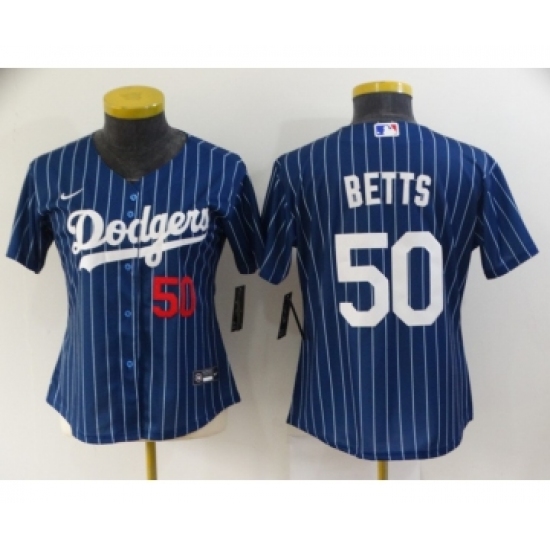 Women's Los Angeles Dodgers #50 Mookie Betts Navy Blue Pinstripe Stitched MLB Cool Base Nike Jersey - Ujersey