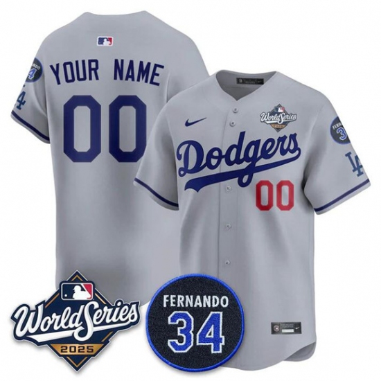 Men's Los Angeles Dodgers ACTIVE PLAYER Custom Gray 2025 World Series With No. 34 Patch Limited Stitched Jersey - Ujersey