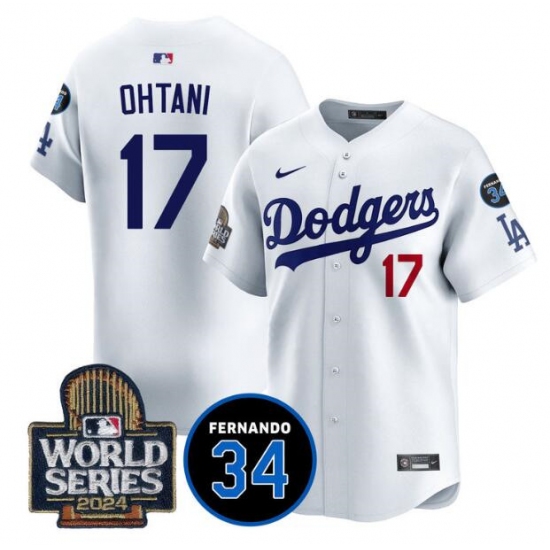 Men's Los Angeles Dodgers #17 Shohei Ohtani White 2024 World Series With Fernando Memorial Limited Stitched Baseball Jersey - Ujersey