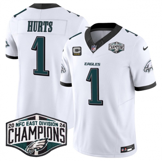 Men's Philadelphia Eagles #1 Jalen Hurts White 2024 New NFC East Champions With 3-Star C F.U.S.E. Vapor Untouchable Limited Stitched Football Jersey - Ujersey