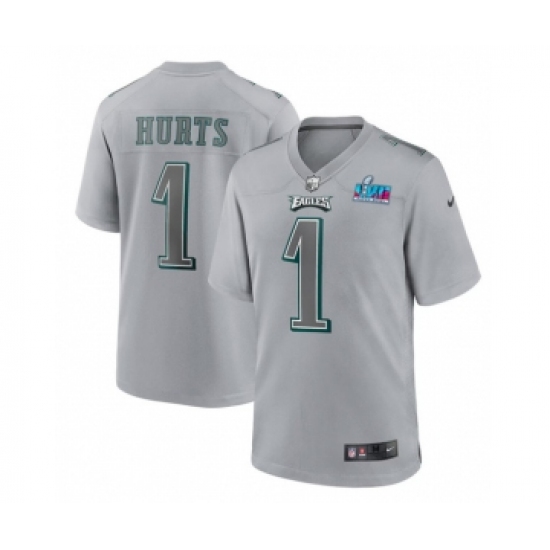 Men's Philadelphia Eagles #1 Jalen Hurts Gray Super Bowl LVII Patch Atmosphere Fashion Stitched Game Jersey - Ujersey