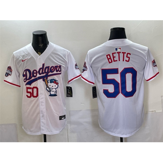 Men's Los Angeles Dodgers #50 Mookie Betts White Hello Kitty Night 2025 World Series Champions Stitched Baseball Jersey - Ujersey