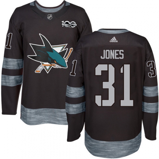 Men's Adidas San Jose Sharks #31 Martin Jones Authentic Black 1917-2017 100th Anniversary NHL Jersey