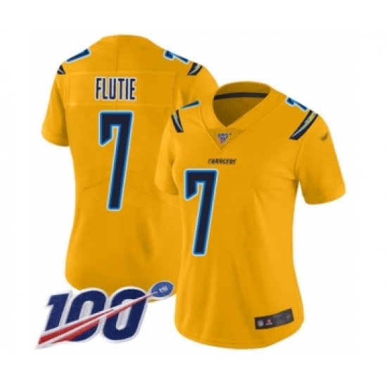 Women's Los Angeles Chargers #7 Doug Flutie Limited Gold Inverted Legend 100th Season Football Jersey - Ujersey