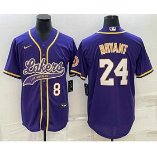 Men's Los Angeles Lakers #8 #24 Kobe Bryant Number Purple With Cool Base Stitched Baseball Jersey - Ujersey
