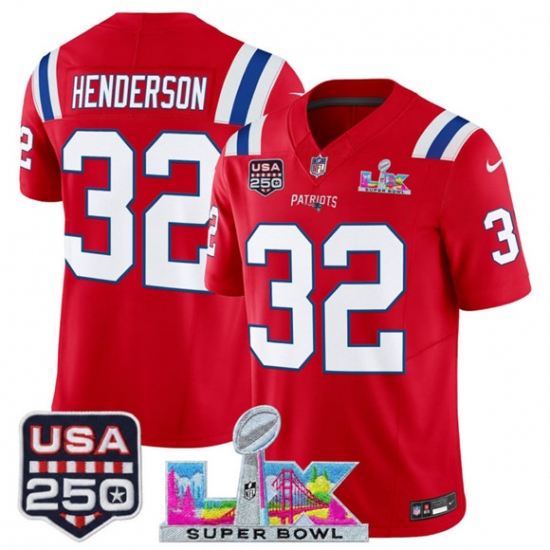 Men's New England Patriots #32 TreVeyon Henderson Red 2025 F.U.S.E. Super Bowl LX And USA 250 Vapor Limited Football Stitched Jersey - Ujersey