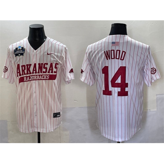 Men's Arkansas Razorbacks #14 Gage Wood White Pinstripe 2025 World Series & SEC Patch Stitched Jersey - Ujersey