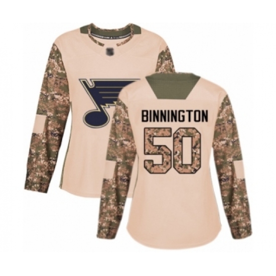 Women's St. Louis Blues #50 Jordan Binnington Authentic Camo Veterans Day Practice Hockey Jersey - Ujersey
