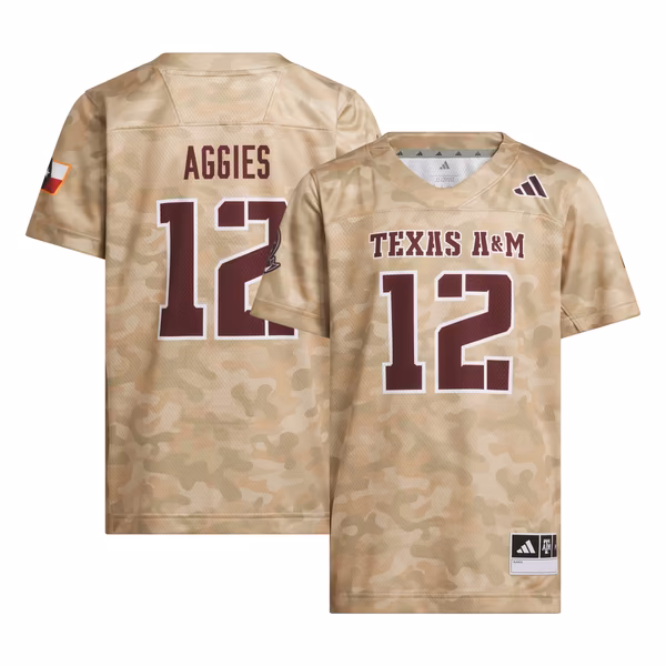 Youth adidas #12 Beige Texas A&M Aggies Honor & Support Strategy Football Jersey - Ujersey