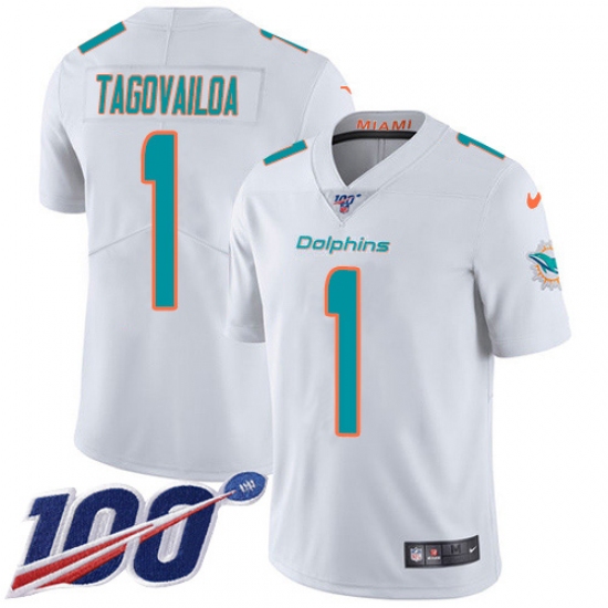 Youth Miami Dolphins #1 Tua Tagovailoa White Stitched 100th Season Vapor Untouchable Limited Jersey - Ujersey
