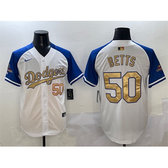 Men's Los Angeles Dodgers #50 Mookie Betts White Royal Gold 2024 World Series Champions Vapor Limited Stitched Baseball Jersey - Ujersey