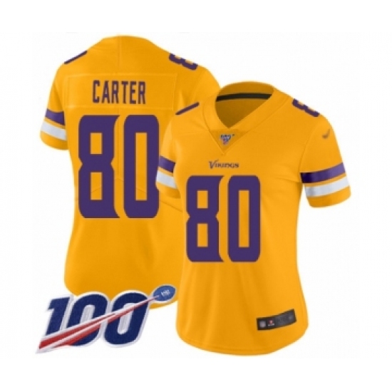 Women's Minnesota Vikings #80 Cris Carter Limited Gold Inverted Legend 100th Season Football Jersey - Ujersey