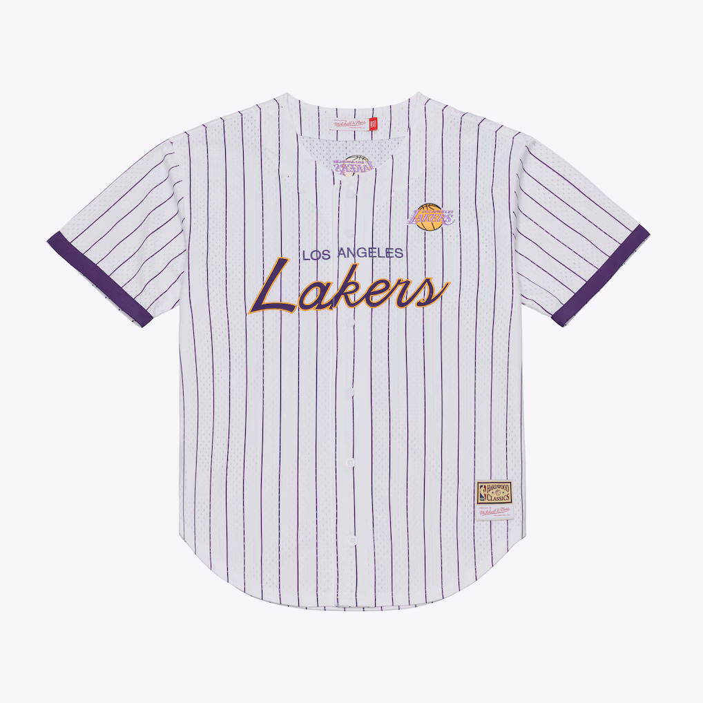 Men's Los Angeles Lakers Mitchell & Ness White Head Coach Pinstripe Mesh Full-Button Baseball Jersey