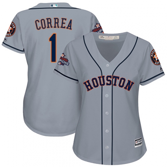 Women's Majestic Houston Astros #1 Carlos Correa Authentic Grey Road 2017 World Series Champions Cool Base MLB Jersey - Ujersey
