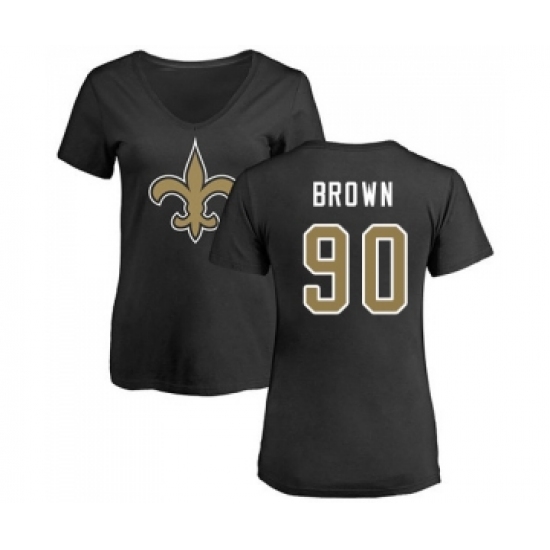 Football Women's New Orleans Saints #90 Malcom Brown Black Name & Number Logo Slim Fit T-Shirt - Ujersey