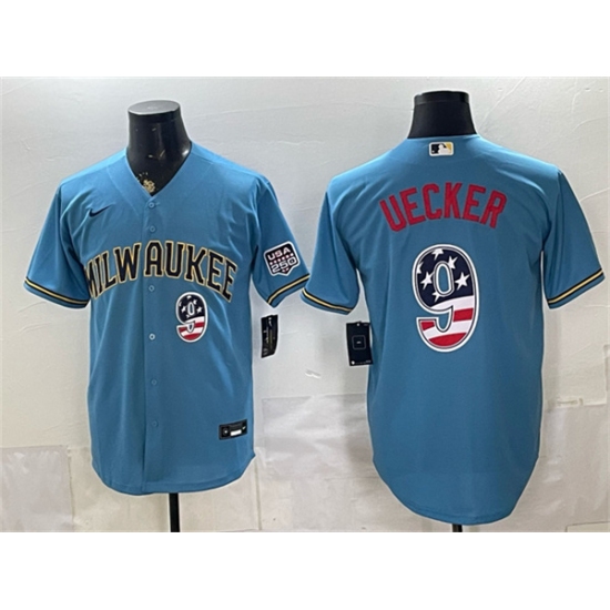 Men's Milwaukee Brewers #9 Bob Uecker Blue 2026 USA 250 Fourth of July Home Stadium Stitched Baseball Jersey