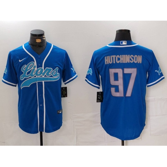 Men's Detroit Lions #97 Aidan Hutchinson Blue Cool Base Stitched Baseball Jersey - Ujersey